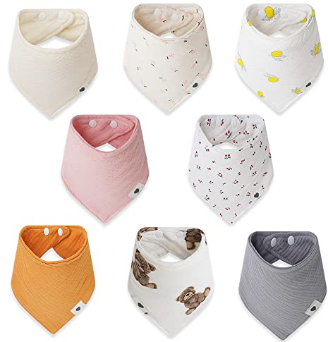 norinori Baby Dreieckstuch Lätzchen 8 Stück Sabberlätzchen 100% Weiche & Absorbierende Baumwolle Doppelseitiges nutzungsdesign mit 2 Verstellbares Druckknopf Musselin Halstuch für Sabbern und Zahnen…