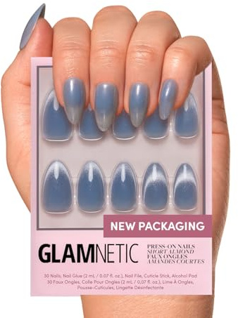 Glamnetic Press On Nails - Baby Blues | Short Almond, Pastel Blue Fake Nails with a Mesmerizing Metallic Finish | 15 Sizes - 30 Nail Kit with Glue