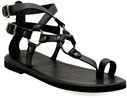 40 Negro Emmanuela Sandalias de Gladiador Cómodas de Cuero Griego con Hebillas Ajustables, Plantilla Acolchada Hecha a Mano de Calidad Zapatos de Verano para Mujer, Sandalias Planas con Tiras