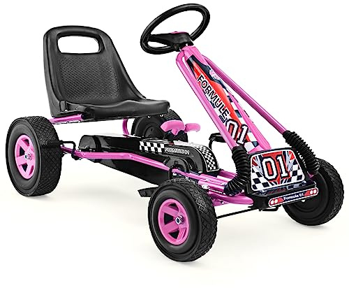 GOPLUS Kart con Pedal Infantil, Asiento Ajustable, Avanzar y Retroceder, con Embrague y Freno, Pedales Antideslizantes, 4 Ruedas, Bicicletas y Vehículos para Niños de 3-8 Años (Rosa)