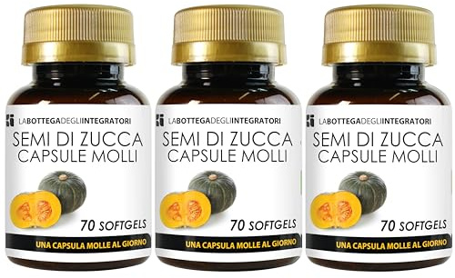 Semi di Zucca 210 Softgels | Perle con Olio Spremuto a Freddo titolato in Omega 3 Omega 6 e Omega 9, Acido Linoleico e Acido Oleico | 1 Softgel al giorno