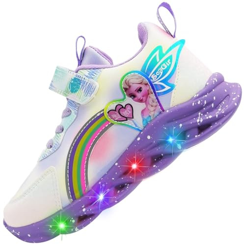 Vorkhuaeri Zapatillas Niña Elsa con Luces, Zapatos Princesa LED Deportivas Luminosos Tenis para Niña Niños Bebe Shoes (A1-Purple,26)