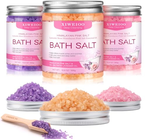 XIWEIOO Bath Salts for Soaking Himalayan Pink Bath feet soka sea Salt 3 Set Kit Lavender Orange Rose Scent Epsom Salt Tea Tree Oil Natural Soaking spa Set Christmas Gifts for Woman Mom Gifts Set