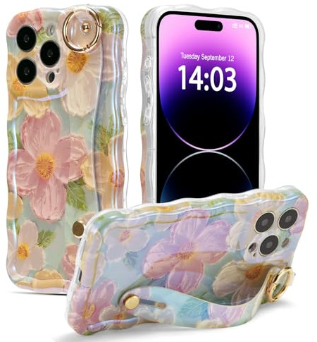 EYZUTAK Case with Hand Strap for iPhone 13 Pro Max, Colorful Oil Painting Flower With Wristband Kickstand Laser Curly Wave Edge Phone Cover Stylish Durable TPU Protective Case for Women - Green | Laser Colorful Floral Case with Wristband Kickstand Function, Curly Wave Edge, Stylish Durable TPU Protective Cover for Women