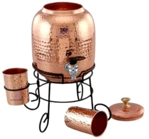 Jewellary Hub - Serbatoio d'acqua fatto a mano, contenitore, brocca, matka, dispenser d'acqua in rame puro, 5000 ml, 2 bicchieri con supporto in ferro