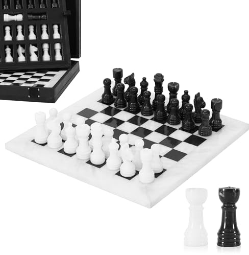 Set av schacke i marmor på 25,4 cm, vitt och svart, med förvaringslåda och 2 handgjorda extra drottningklassiska bordsspel för vuxna, lyxig marmorschackebräda och schackpjäser för