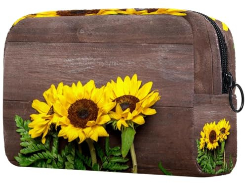 Bouquet de tournesols et feuilles de fougère en bois texturé pour femme, trousse de toilette de voyage, grande pochette de maquillage pratique avec fermeture éclair, multicolore,
