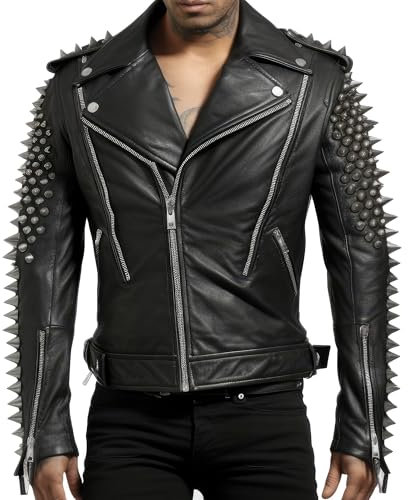 Sumairah Herren-Motorrad-Jacke mit Rockärmeln und Rücken, Punk-Spike-Nieten, Motorrad-Biker-Reißverschluss, Moto-Echtlederjacken, Schwarz - Echtleder, M