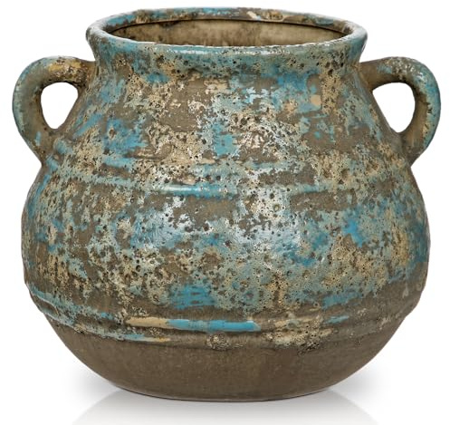 Hollyone Rustic Ceramic Vase with Rust-Effect Finish, 5.7'' Handmade Blue Vase for Home Décor, Decorative Vase for Balcony, Garden, Dining Table Centerpiece, Bathroom, Shelf