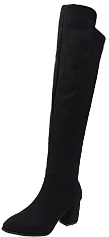 Overknees stövlar dam med blockklack – knähöga stövlar med dragkedja på sidan lång skaft mocka stövlar blockklack slip-stövlar eleganta damstövlar affärspumps, svart, 41 EU