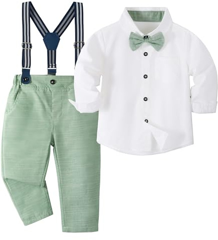 Volunboy Baby pojkar kostym set kläder skjorta med fluga hängslen byxor sparkbyxor kostym, Ljusgrön, 2-3 Jahre