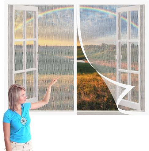 Mosquiteras para Ventanas Abatibles 193 x 167 cm sin Taladrar Cortinas Mosquitera Puerta Magnetica con Imanes Protección Contra Insectos para Todo Tipo de Ventanas, Blanco