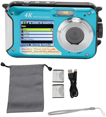 4K 64MP Camera subacquea a doppio schermo a prova di pioggia a prova di pioggia 10 piedi Sommergibile 16x zoom digitale Autofocus con scheda di memoria da 64 GB per snorkeling che (Blu)
