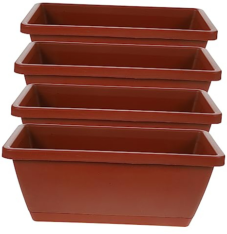 Jardinière Rectangulaire en Plastique Marron 4 Pièces, avec Soucoupes | Usage Extérieur au Jardin, Deux Trous de Drainage Intégrés, Style Classique pour Fleurs et Plantes
