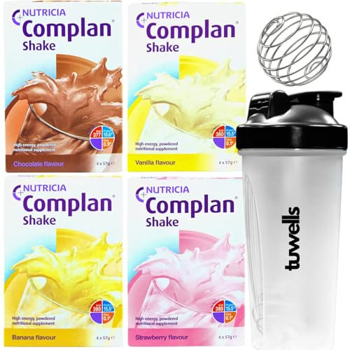 Nutritional Drinks Starter Pack - Variety Pack of Strawberry, Chocolate, Banana, and Vanilla Flavoured Mix at Home Powders Bundle with Shaker Bottle & Mixer - 16 x 57g Sachets