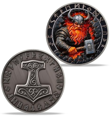 Imasoner Viking Thor's Hammer Coin – Norse Mjölnir Medallion with Nordic Runes, Viking Warrior Novelty Coins, Symbol of Strength and Protection, Norse Mythology Gift for Men and Women