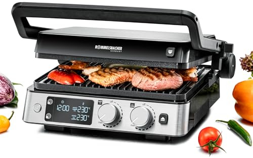 ROMMELSBACHER Kontaktgrill KG 2025, Kontakt- und Flächengrill, getrennt regelbare Grillflächen, keramische Antihaftbeschichtung (PFAS-frei), Temperaturregelung in 15 Stufen, Fettablauf, Wechselplatten