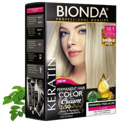 BIONDA Professional Color Cream - Tinte permanente para el cabello 10.1, rubio ceniza claro, 200 ml, paquete doble, queratina y moringa, color intenso y duradero con brillo, cobertura 100% de canas