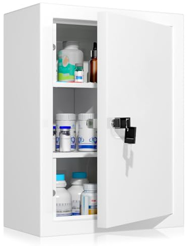 Wensha Locking Medicine Cabinet Wall-Mount: Storage Cabinet with Lock & Key - White Metal First Aid Kits for Family Safety and Childproofing