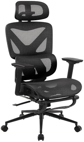 HTNACE Ergonomischer Bürostuhl mit Verstellbarer Rückenlehne (90°-135°), Kopfstütze & 3D-Armlehnen, atmungsaktivem Mesh-Sitz, ausziehbarer Fußstütze, höhenverstellbar, Drehstuhl für Büro & Homeoffice