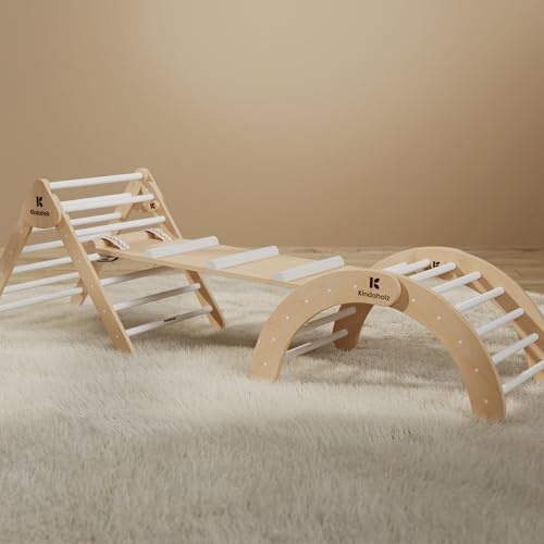KINDAHOLZ 5in1 Klettergerüst Indoor-Spielplatz Set – Pikler-Kletterdreieck + Kletterbogen + 2-in-1-Rutsche mit Sicherheitsbändern, kompletter Indoor-Kletterpark für Kinder ab 1 Jahr