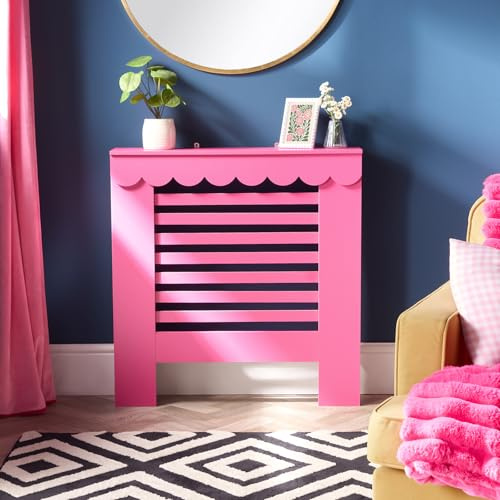 OHS Small Radiator Cover, Modern Slatted Front MDF Cabinet Heater Cover with Scallop Edge Top Shelf Radiator Covers for Living Room Bedroom Hallway, Hot Pink - 78 x 82 x 19cm