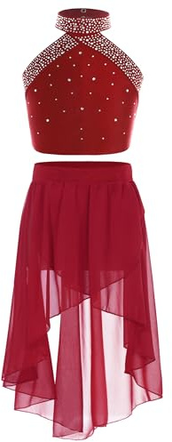 Moggemol Costume Danse Jazz Danse Lyrique Moderne Et Ballet pour Les Filles Enfants Ensemble Dun Gilet Scintillant avec Rhinocéros Et Jupe Tenue Bourgogne 11-12 Ans