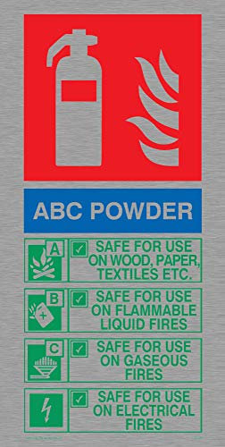 Viking Signs FZ5581-P12-MS Este extintor contiene instrucciones de uso en polvo ABC, grado marino, acero inoxidable, 200 mm de alto x 100 mm de ancho