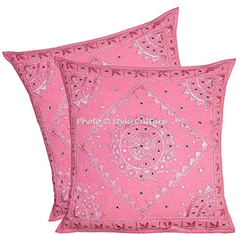 Stylo Culture Indio Fundas De Cojines Decorativos 60x60 cm Algodón Espejado Fundas Almohadones Sofa Rosa Bebé 24x24 Inch Bordado Cuadrado sobre Funda Cojin Cama - 2 Pcs