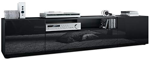 Vladon Lowboard Mogan, TV-Kommode mit 2 Türen, 1 Klappe und 1 offenes Fach, Schwarz matt/Schwarz Hochglanz (181 x 39 x 35 cm)