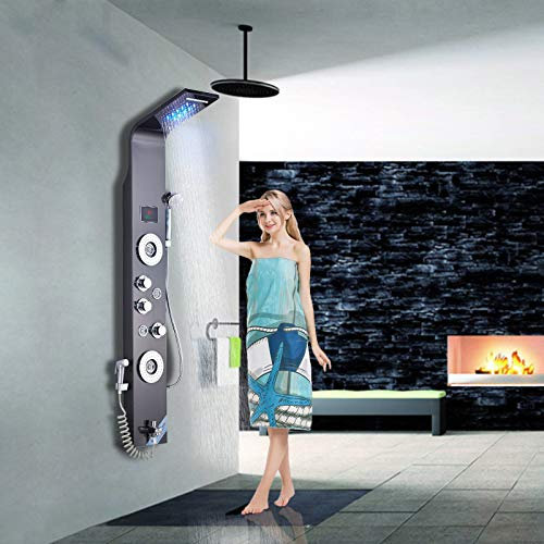 Colonne de Douche LED Panneau de Douche Murale Style Moderne en Acier Inoxydable 304 Panneau de Douche Avec Douche à Main Multi-fonctionnel L’eau de Sortir