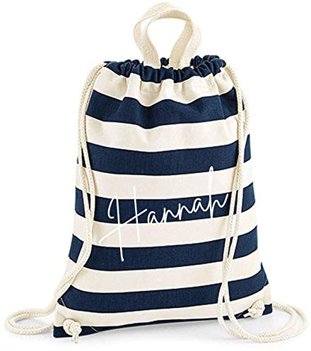 minimutz gestreifter Turnbeutel mit Griff | inkl. Wunschtext personalisiert & Bedruckt | hochwertiges Baumwollsegeltuch | Stoffbeutel und Stoffrucksack zum Zuziehen und Tragen (Navy/Natur)