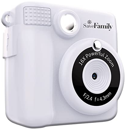 SaveFamily Print – Cámara de Fotos Infantil instantánea-Digital. Videos, Música, Zoom, Flash y Marcos Divertidos, Impresión + 400 Fotos, Incluye 2 Rollos de Papel de impresión – Color Blanco