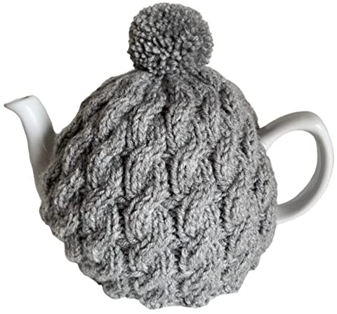 Knitted Grey Cable Tea Cosy for a standard sized 4 to 6 cup teapot