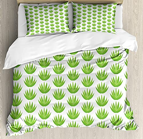 ABAKUHAUS Agave Bettbezug Set für Einzelbetten, Exotische Kaktus-Anlage Motiv, Milbensicher Allergiker geeignet mit Kissenbezug, 230 x 220 cm - 70 x 50 cm, Weiß und Lindgrün