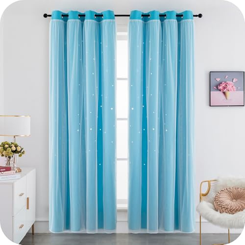 GIRASOLE HOME® Coppia Tende Doppio Velo Oscuranti Morbide Fantasia Stelle Vuote Tenda Isolante per Camera e Cameretta Bambini 2 Pannelli con Occhielli (140x285cm, Celeste)