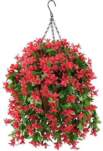 INQCMY Artificial Fake Hanging Plants Flowers Basket for Spring Summer Outdoor Outside Porch Decoration,UV Resistant Faux Silk Violet in Planter for Home Patio Balcony Garden Yard Decor(Red)