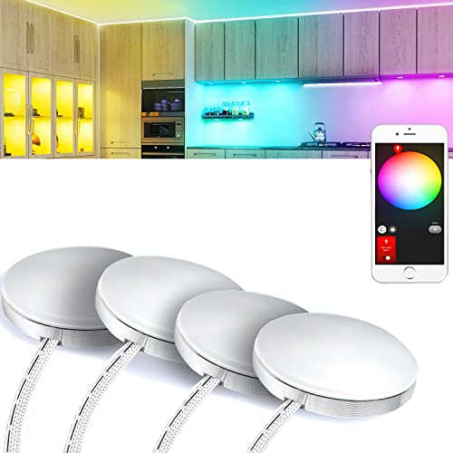 YSRSAI Zigbee 3.0 12V RGB Kit de luces LED para gabinete de 4 piezas Gabinete de estante, luz redonda delgada regulable para Tuya ZigBee 3.0 Hub, z2mqtt, Smartthings, Echo Plus APP/Alexa