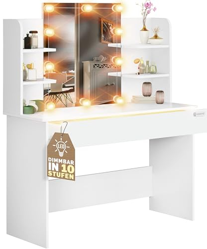 Casaria® Schminktisch mit Spiegel LED Beleuchtung Fernbedienung Schublade Beleuchtet Organizer Weiß Frisiertisch Ablagen 110x40cm Kosmetiktisch Holz