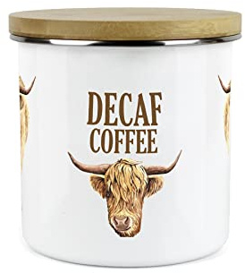 Purely Home Highland Cow Decaf Kaffeedose – Weiß Metall Emaille Küche Lebensmittelaufbewahrungsbehälter
