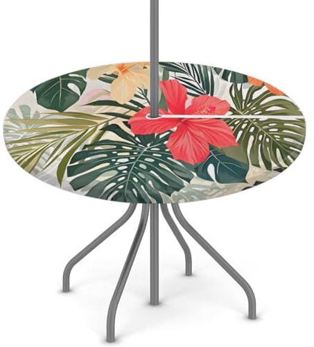 Pardick Round Outdoor Tablecloth with Umbrella Hole, Fitted, Waterproof, Elastic Edge, Palm Flower, 56 (Round), Polyester