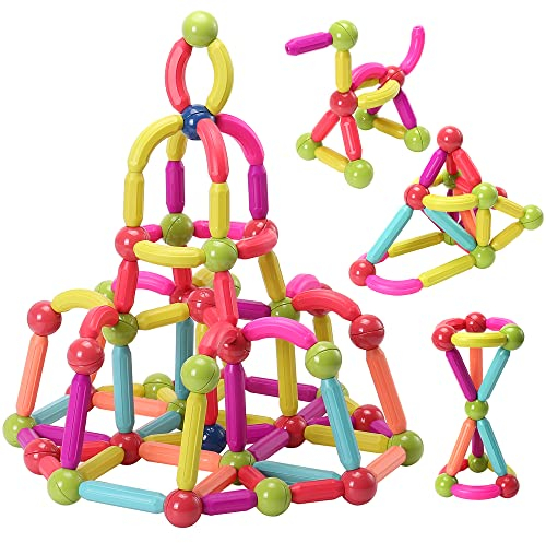 ROUSKY Magnetische Spielzeugbausteine Set,Magnet Building Sticks Set, Bausteine Fliesen, STEM Stapelspielzeug für Kind Alter 3+ (Mehrfarbig-128 PCS)