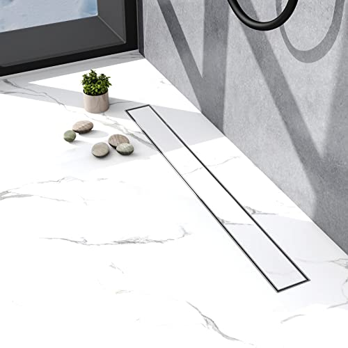 Biubiubath Canalina per doccia in acciaio inox,90 cm,sifone con tappo antiodore,scolapasta per capelli,due tipi di montaggio: anteriore e posteriore,set completo con fissaggio a pavimento,Argento