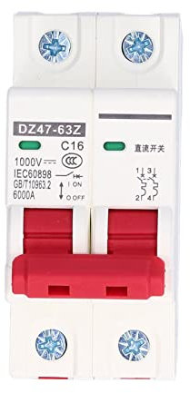 Mini Disjoncteur, 2P 16A DC 1000V DC Interrupteur de Déconnexion Isolateur de Système PV Solaire Protection contre les Surcharges Installation sur Rail DIN pour Systèmes Solaires