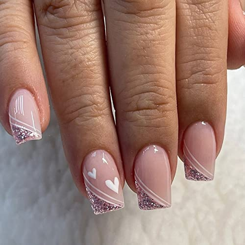 Ceboic Eckig Künstliche Nägel Kurz, French Pink Glänzend Herz Nägel Zum Aufkleben, Ballerina Acryl Kunstnägel Press on Nails für Frauen und Mädchen Tägliche Nutzung, 12 Größen 24 Stück