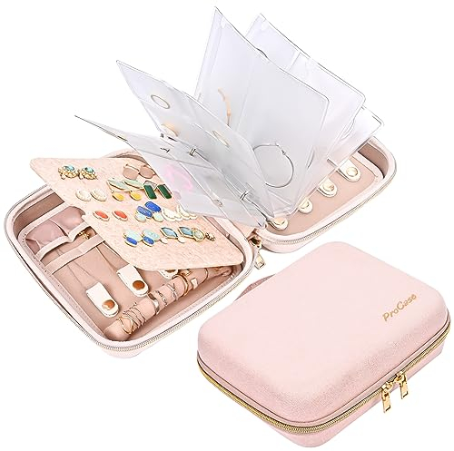 Procase Organizador para Joyas de Viaje, Estuche para Joyería con Bolsillos Transparentes, Joyero Portátil con Cremallera para Aretes, Anillos, Collares, Pulseras -Mediano, Rosa