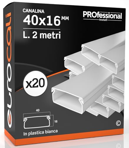 Canalina Passacavi 40x16 mm in plastica bianca con coperchio Lunghezza 2 metri - Pacco da 20 Canaline (40m)