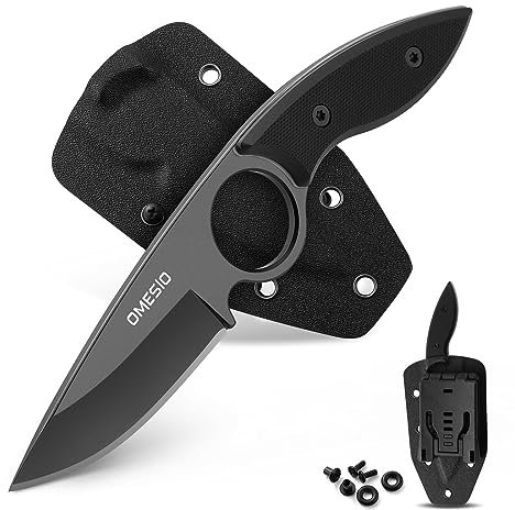 Omesio Messer Outdoor Hervorragende Qualität 420 Stahl full Tang - feststehende messer Gürtelmesser 42A konform - mit robusten G10 Griff und Kydex Scheide (Schwarz)