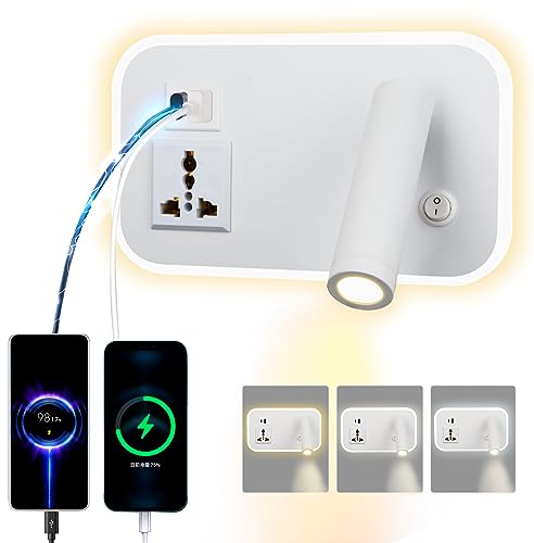 uksunvi LED lampada da parete da lettura con presa universale, USB Type-C doppia porta di ricarica regolabile interruttore 12W lampada da parete rotante con tre colori dimming (Rettangolo bianco)