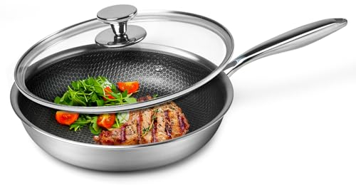 Innerwell Professionale Padella Antiaderente Acciaio Inox 28 cm, Padella Induzione con Coperchio, Rivestimento a nido d'ape antigraffio, Padelle Adatte Per Forno, Universali Pentole, Senza PFOA